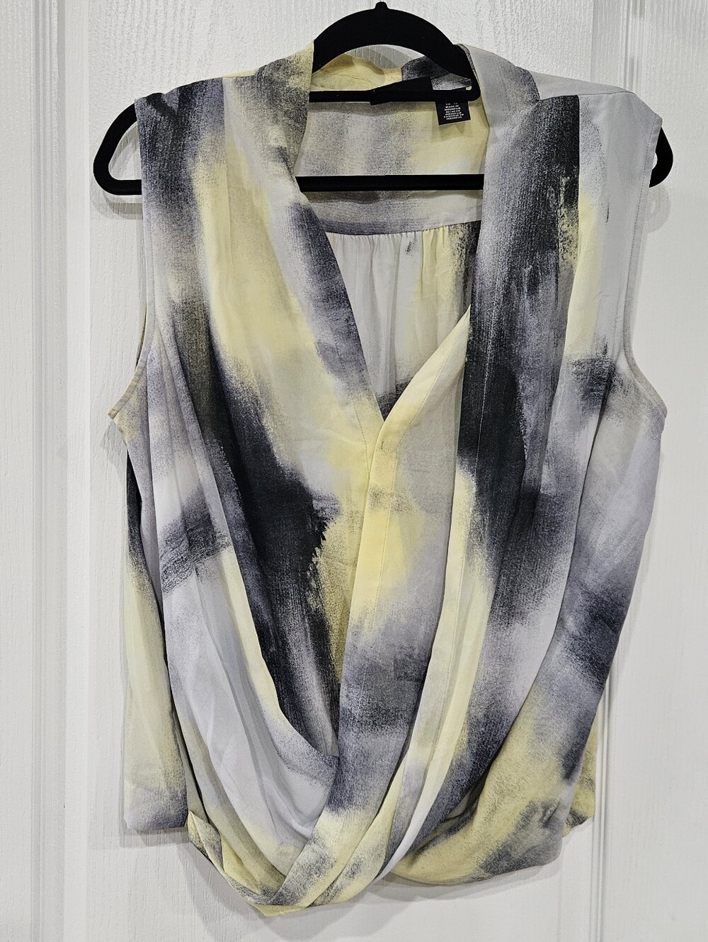 DKNY Sleeveless Draped V-Neck Blouse in Yellow and Gray